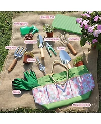 Xdovet Garden Tools Set Wooden Handle Organizer Bag Floral Pattern