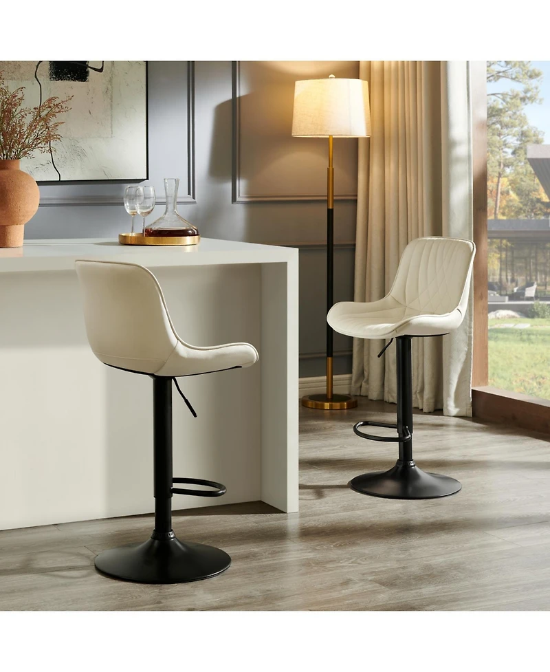 Rainsken Contemporary Adjustable Barstool Set of 2, Faux Leather Swivel Seats with Back, Counter Height Metal Chairs, for Bar, Kitchen, Dining Room