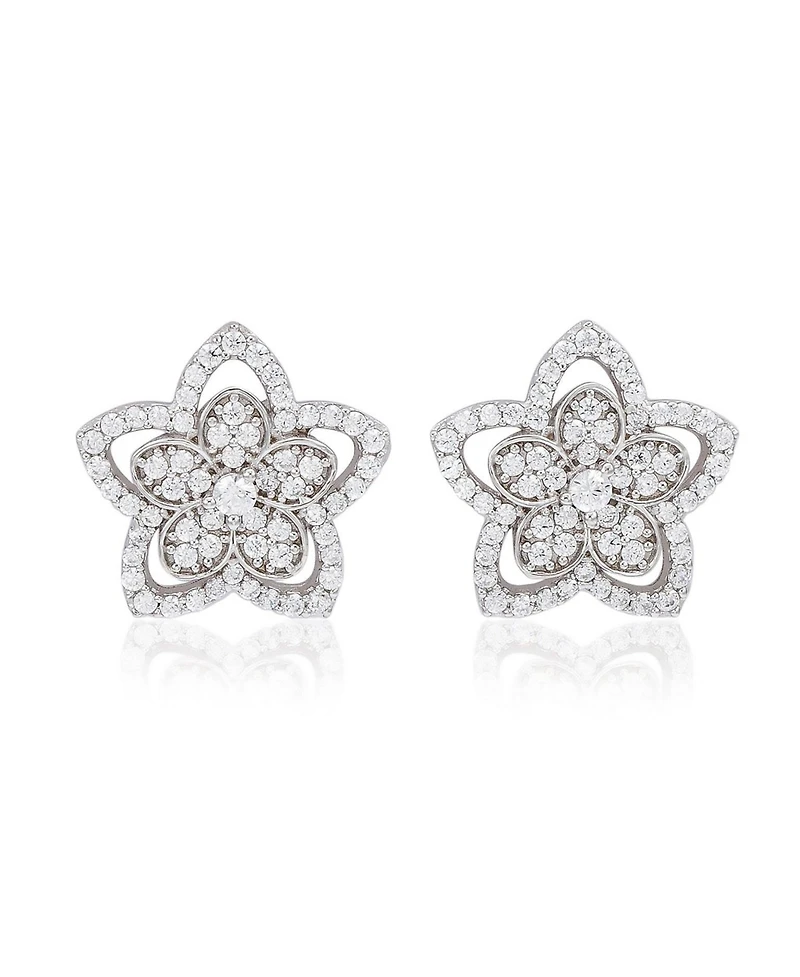 Suzy Levian New York Sterling Silver Pave Cubic Zirconia Flower Halo Stud Earrings