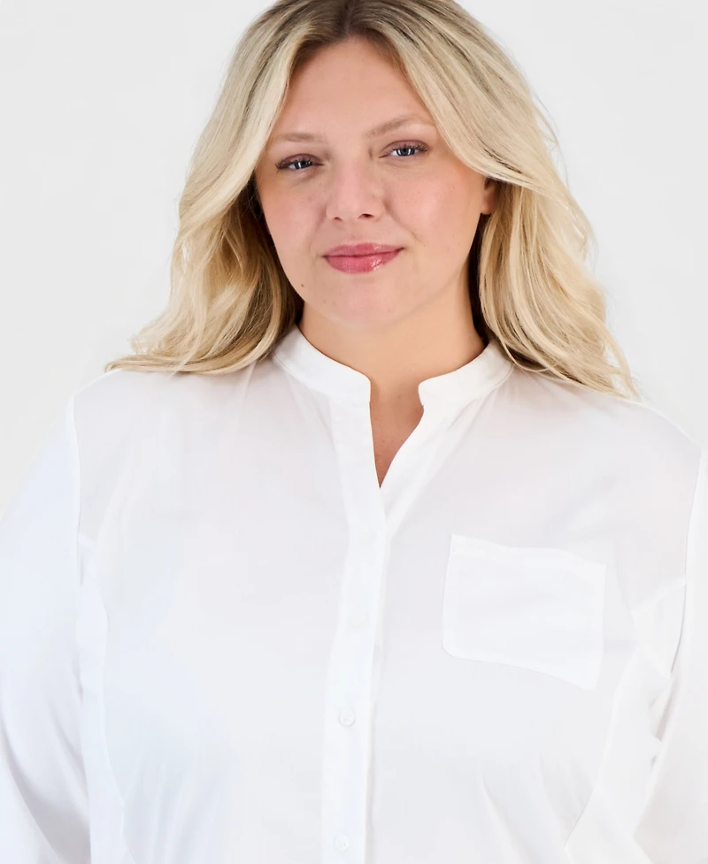 Jones New York Plus Stand Collar Button-Front Long-Sleeve Blouse