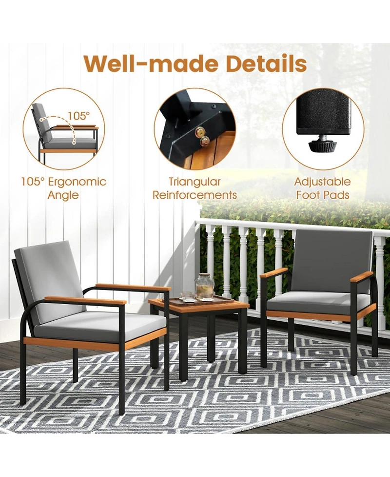 Gouun 3-Piece Acacia Wood and Metal Patio Conversation Set with Cushions