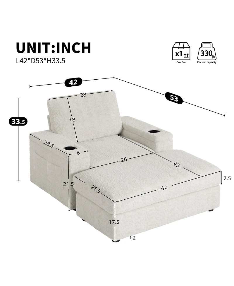 Rainsken 42" Oversized Single Sofa, Faux Rabbit Fur Armchair with Cup Holders, Storage Armrest and Ottoman, Deep Seat Recliner for Living Room