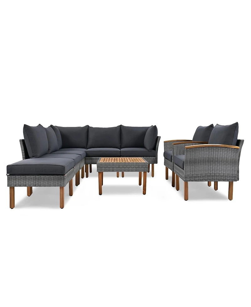 Asagikoiai 9-Piece Patio Rattan Furniture Set, Conversation Set with Acacia Wood Legs and Coffee Table