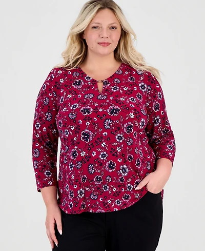 Jones New York Plus Kissing Trim Top Printed Floral-Print V-Neck 3/4-Sleeve Blouse