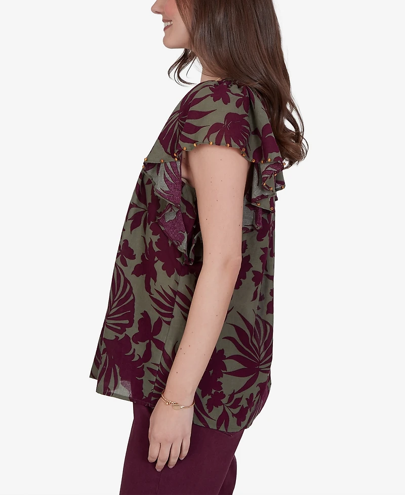 Ruby Rd. Petite Tropical Print Gauze Flutter-Sleeve Top