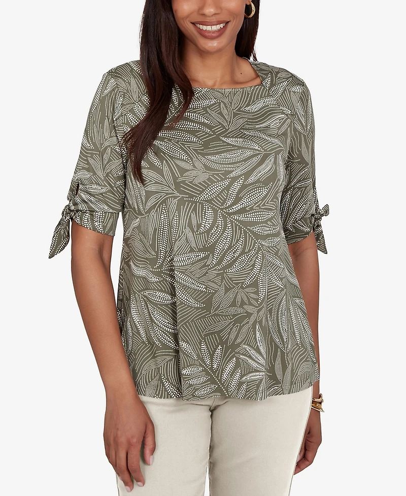 Ruby Rd. Petite Leaf Puff Print Knit Tie Sleeve Top