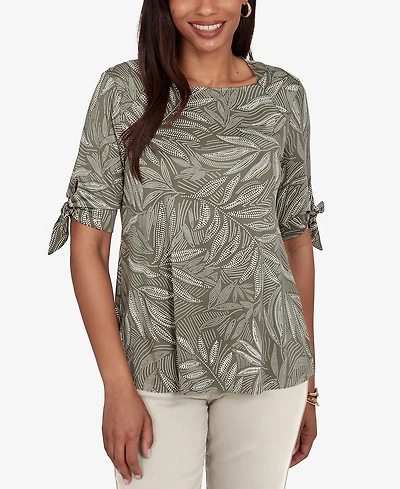 Ruby Rd. Petite Leaf Puff Print Knit Tie Sleeve Top