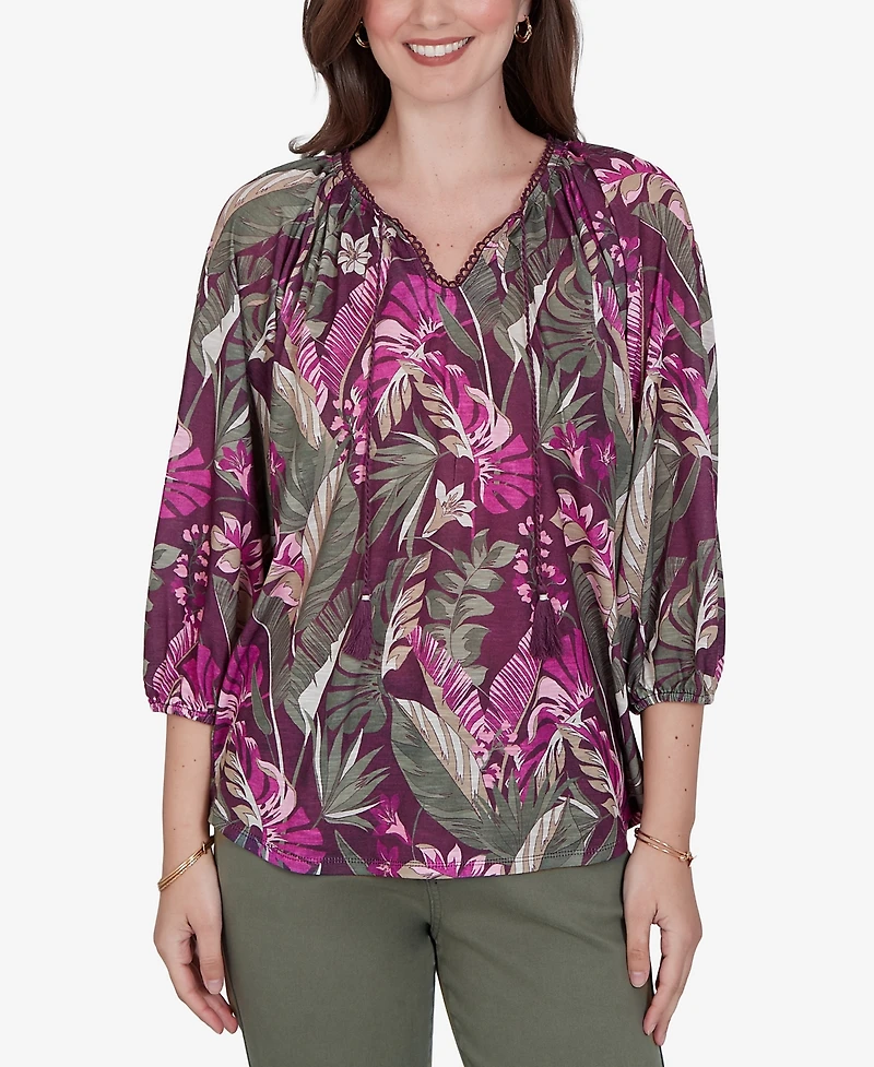 Ruby Rd. Petite Tropical Print Knit Tassel Top