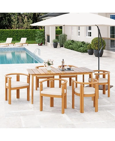 Asagikoiai 7-Piece Acacia Wood Patio Dining Set with Armrest Chairs and Cushions