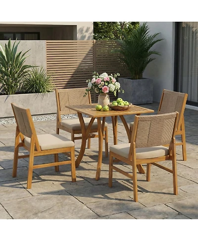 Asagikoiai 5-Piece Acacia Wood Outdoor Dining Set with Wicker Chairs and Cushions