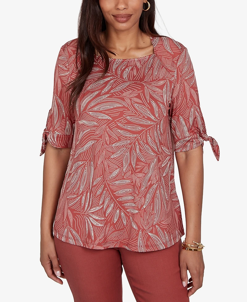 Ruby Rd. Petite Leaf Puff Print Knit Tie Sleeve Top