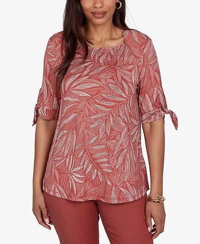 Ruby Rd. Petite Leaf Puff Print Knit Tie Sleeve Top