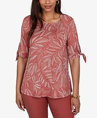 Ruby Rd. Petite Leaf Puff Print Knit Tie Sleeve Top