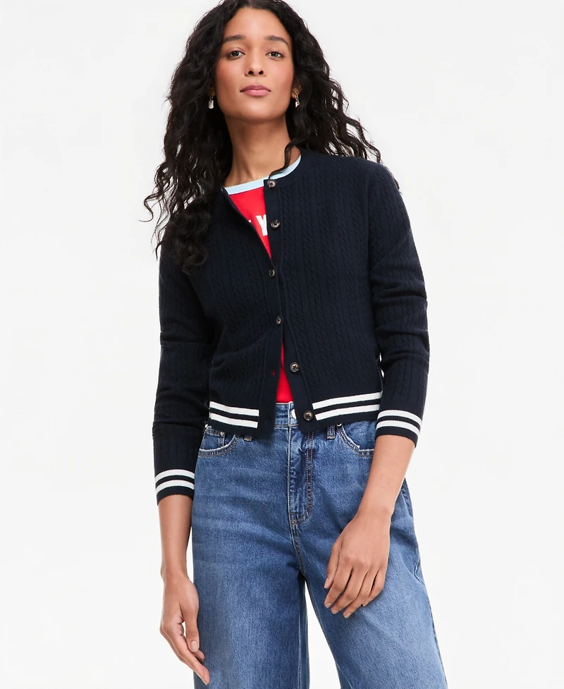 On 34th Women's Tipped Cable Crewneck Cardigan, Macy's Exclusive