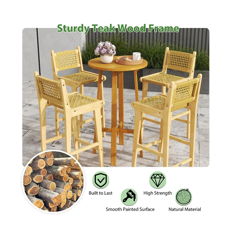 Boyel Living 1 piece Patio Teak Wood Bar Stool with Rattan Backrest and Seat