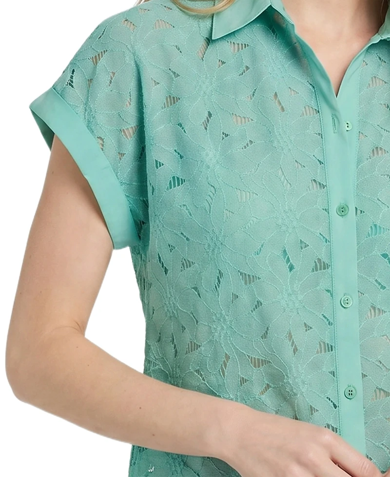 Ny Collection Petite Short-Sleeve Eyelet Top
