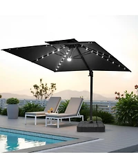 Pellebant Outdoor Patio 11x11Feet Aluminum Double Canopy Solar Lights Cantilever Umbrella with Rod Wheel Base