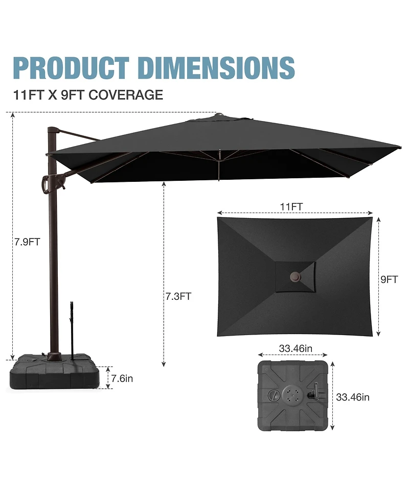 Pellebant Outdoor Patio 9X11Feet Aluminum Cantilever Umbrella with Rod Wheel Base