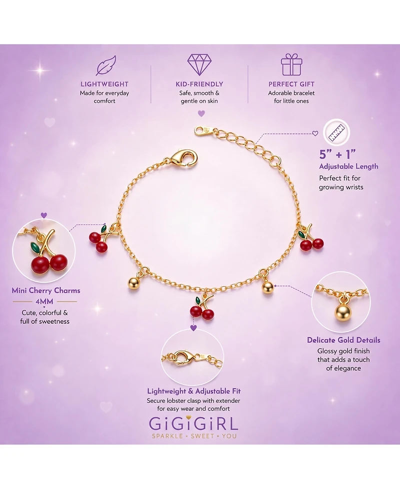 GiGiGirl 14k Yellow Gold Plated Adjustable Bracelet with Red Enamel Cherry Charms for Kids