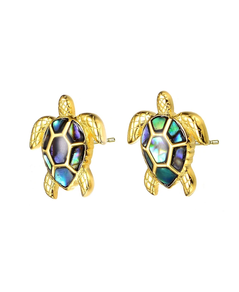 Genevive Sterling Silver 14k Gold Plated with Shimmering Abalone Shell Inlay Sea Turtle Stud Earrings