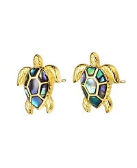 Genevive Sterling Silver 14k Gold Plated with Shimmering Abalone Shell Inlay Sea Turtle Stud Earrings