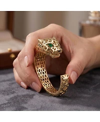 Rachel Glauber 14k Gold Plated Sterling Silver Jaguar Open Cuff Bangle Bracelet with Green Cubic Zirconia