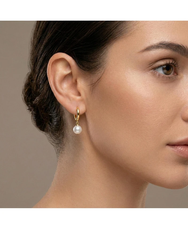 Sterling Silver 14k Yellow Gold Plated White Pearl Drop Huggie Hoop Earrings