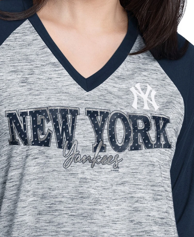 G-iii 4Her by Carl Banks Women's Navy/Heather Navy New York Yankees Speed Training 3/4-Sleeve Rhinestone V-Neck T-Shirt