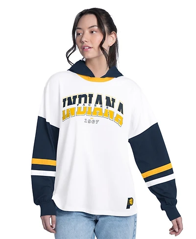 G-iii 4Her by Carl Banks Women's White/Navy Indiana Pacers Key Player Oversized Hooded Long Sleeve T-Shirt
