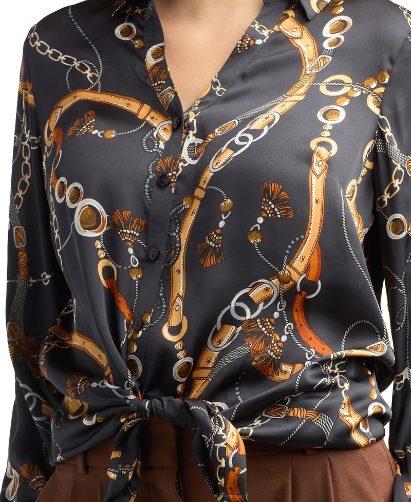 Bcx Women's Collared Printed Satin Top