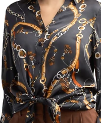 Bcx Women's Collared Printed Satin Top