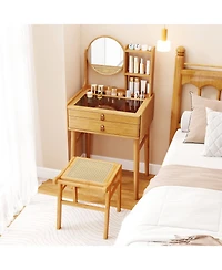 Costway Compact Makeup Table Set with 2 Drawers Open Storage Shelves Vanity Stool
