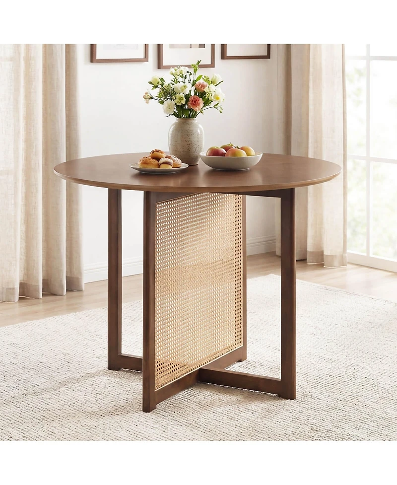 Costway Round Dining Table with Cross Pedestal Base, Pe Rattan Decoration for Dining Room