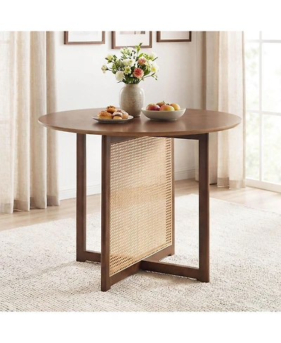 Costway Round Dining Table with Cross Pedestal Base, Pe Rattan Decoration for Dining Room