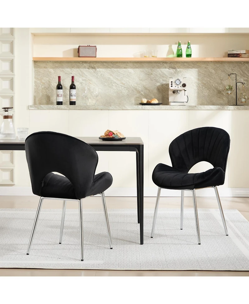Rainsken Velvet Dining Chairs Set of 2, Modern Design Chair Back Hollow, Silver Electroplated Legs, for Living Room, Bedroom, Kitchen