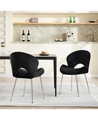 Rainsken Velvet Dining Chairs Set of 2, Modern Design Chair Back Hollow, Silver Electroplated Legs, for Living Room, Bedroom, Kitchen