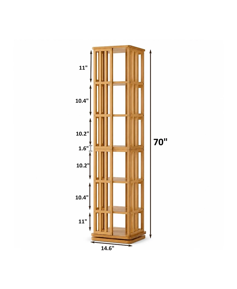Rainsken 6 Tier Bamboo Rotating Bookshelf Tower, 360degree(s) Display Spinning Bookcase, Wood Narrow Book Shelf Organizer, for KidsandAdults