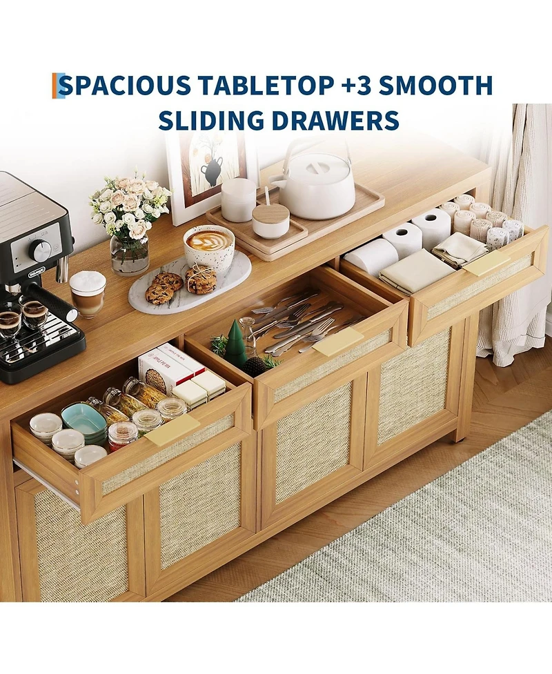 gaomon 63 Inch Sideboard Buffet Cabinet, Rattan Farmhouse Credenza Storage Cabinet with Doors, Drawers and Adjustable Shelves,