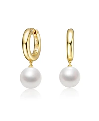 Sterling Silver 14k Yellow Gold Plated White Pearl Drop Huggie Hoop Earrings