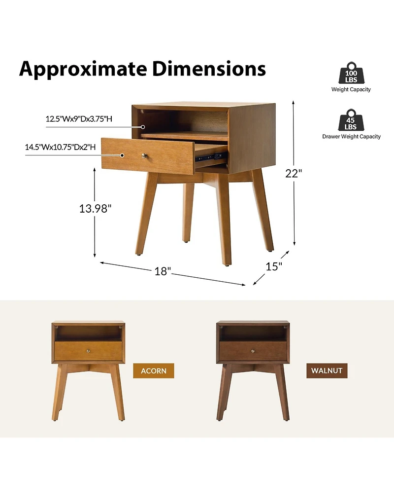 Hulala Home Isolda 18"W Mid-Century Modern Solid Wood End Table with Built-In Outlets