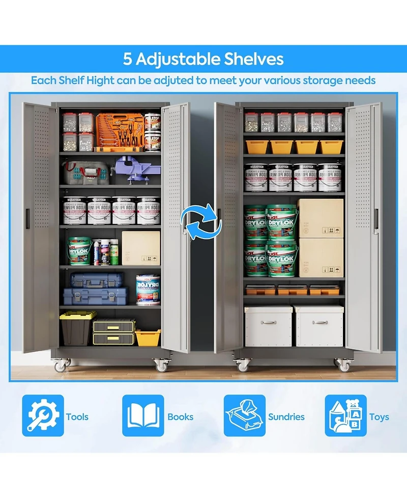 Boyel Living 71 Inch Metal Garage Storage Cabinet with Wheels and Pegboard, Lockable Tool Organizer 5 Adjustable Shelves