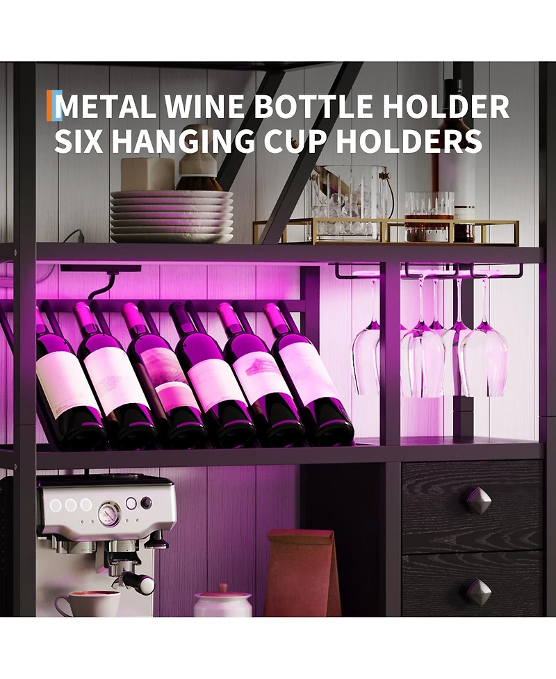 homfan Led Rgb Bar Cabinet with Built-in Outlets and Usb Ports, Wine Glass Storage, Adjustable Shelving - Industrial Retro Coffee Organizer