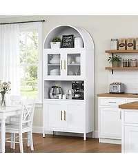 Boyel Living Farmhouse Arched Coffee Bar Cabinet, Metal Pantry Hutch with Glass Doors and Adjustable Shelves