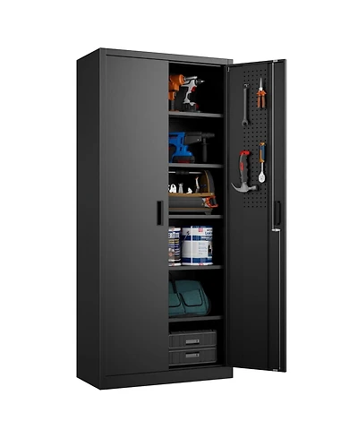 Boyel Living 71 Inch Metal Storage Cabinet with Lock and Pegboard, Tall Garage Organizer with 5 Adjustable Shelves