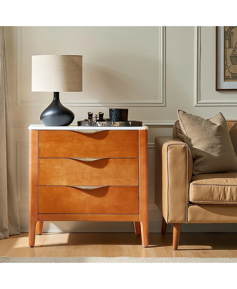 Hulala Home Giuseppina Modern 25.75'' W 3-Drawer Elegant Marble Top End Table with Built-In Power Outlet