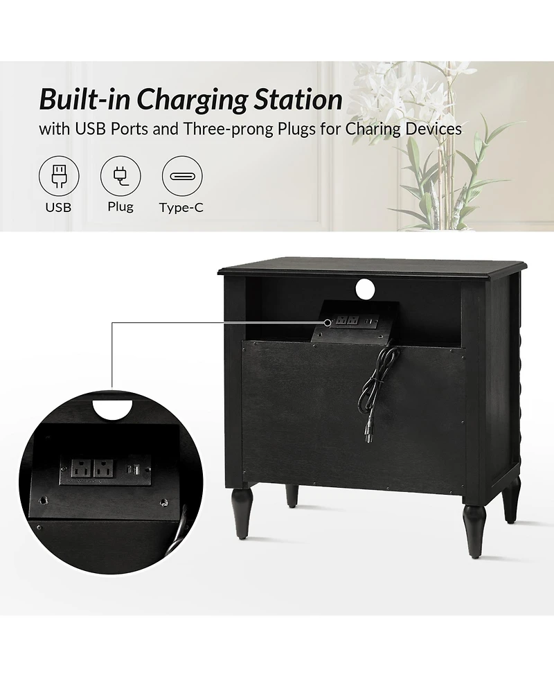Hulala Home Isidora Transitional 28"W 2-Drawer Spindle-Style Solid Wood Columns End Table with Usb Ports
