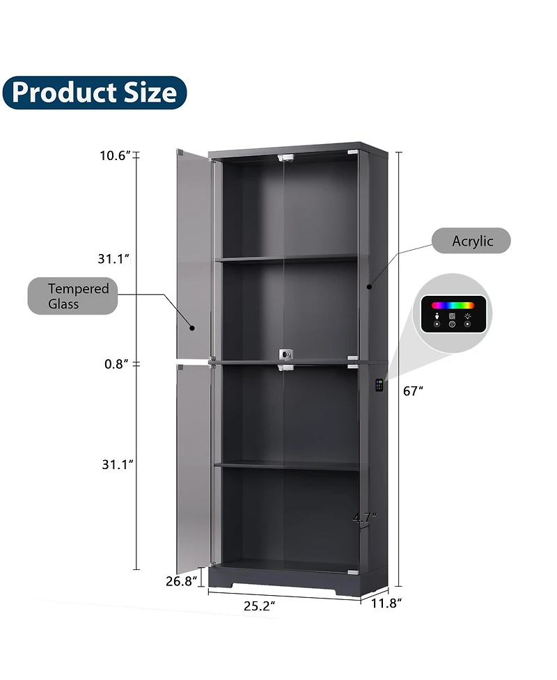 Vlsrka Glass Display Cabinet 4-Tier with Rgb Light and Security Lock