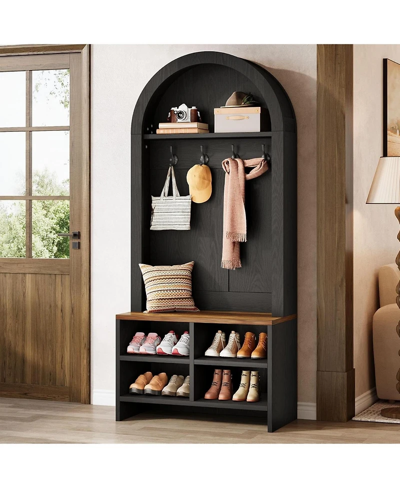 Tribesigns 70.87 Inch Hall Tree with Bench and Shoe Storage, Arched Coat Rack 4 Hooks Cubbies, Entryway