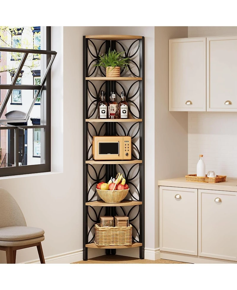 Tribesigns 6-Tier Corner Shelf: 70.9 Inch Rustic Bookshelf. Wooden Plant Stand Storage Rack for Living Room, Bedroom, Bathroom, Small Space