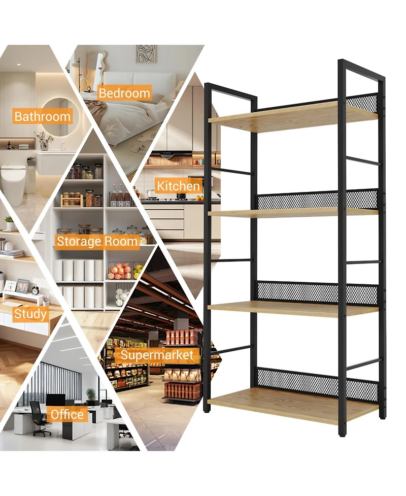 gaomon 4 Tier Bookshelf with Metal Frame and Wood Shelves, Tall Industrial Bookcase Storage Rack for Bedroom Living Room Home Office